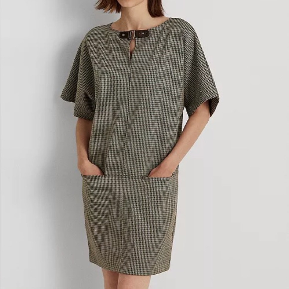 LAUREN RALPH LAUREN NWT Buckle Trim Houndstooth Jacquard Shift Dress Size Medium - Picture 4 of 15